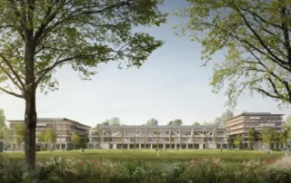 Visualisierung Aussenansicht Neubau Schulanlage Saatlen Zürich als Holzbau