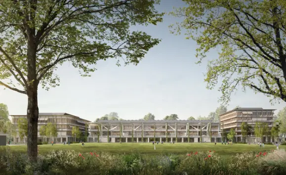 neubau-schulanlage-saatlen-zürich-arge-holztafelbau-krattiger-holzbau-ag-amriswil Visualisierung Aussenansicht Neubau Schulanlage Saatlen Zürich als Holzbau