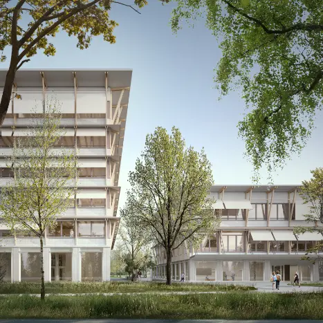 neubau-schulanlage-saatlen-zürich-holzelemente-krattiger-holzbau-ag-amriswil Visualisierung Aussenansicht zwei Gebäude Holz-Neubau Schulanlage Saatlen Zürich