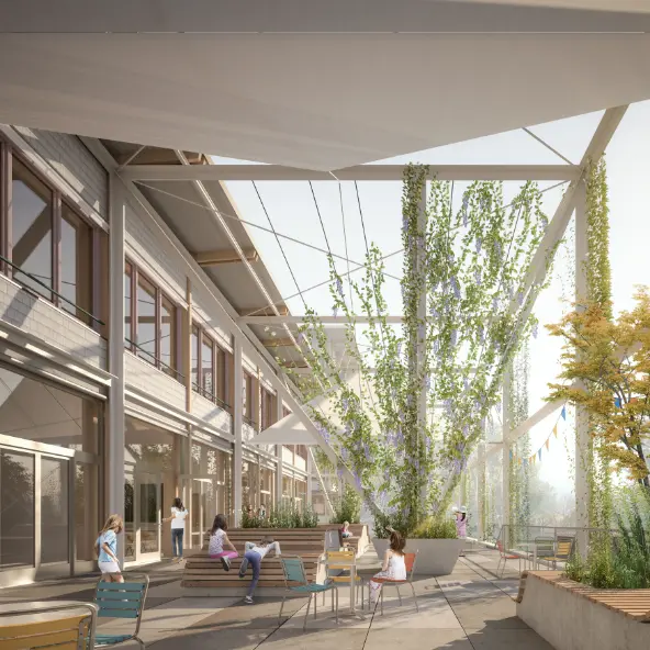 neubau-schulanlage-saatlen-zürich-holzskelettbau-krattiger-holzbau-ag-amriswil Visualisierung Terrasse Neubau Schulanlage Saatlen Zürich als Holzbau