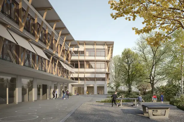 neubau-schulanlage-saatlen-zürich-minergie-a-eco-krattiger-holzbau-ag-amriswil Visualisierung Park Neubau Schulanlage Saatlen Zürich als Holzbau