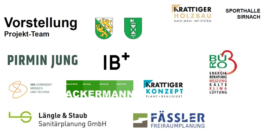 Projektteam mit acht Firmen aus verschiedenen Fachbereichen für TU-Submission Neubau Sporthalle Sirnach unter Führung der Krattiger Holzbau AG Amriswil